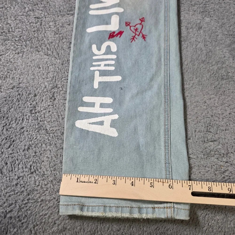 Bleecker & Mercer Mens 36x34 Slim Fit Jeans Light Blue Graphic Distressed Urban